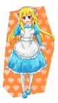  adjusting_hair apron blonde_hair blue_eyes dress frills heart highres lil_miss_marshmallow maid_headdress mother_(game) mother_3 open_mouth smile solo white_legwear 