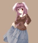  animal_ears blush bracelet breasts bunny_ears contemporary hand_on_hip highres impossible_clothes impossible_clothing impossible_shirt jewelry large_breasts long_hair long_skirt long_sleeves nagatsuki_shiwasu necklace purple_hair red_eyes reisen_udongein_inaba shirt skirt skirt_lift smile touhou 