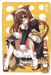 absurdres animal_ears artist_request bell blush book brown_hair cat_ears copyright_request frills glasses green_eyes highres long_hair maid maid_headdress obi sandals shaa sitting socks source_request tail 