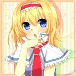  :o alice_margatroid blonde_hair blue_eyes bust hairband hand_on_own_face hand_to_face necktie short_hair solo star string touhou yuria_(kittyluv) 