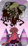  black_eyes blonde_hair blood bloody_knife braid brown_hair eyes floating from_behind knife madotsuki mogeko mogeko_(okegom) pointing poniko ponytail red_eyes rounded_corners smile turtleneck twin_braids uboa yume_nikki 