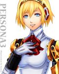  android blonde_hair blue_eyes bow bust persona persona_3 robot_joints short_hair simple_background smile solo tenyo0819 