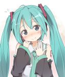  aqua_hair blue_eyes blush bust detached_sleeves face hat hatsune_miku headset ixy long_hair looking_at_viewer smile solo twintails vocaloid 