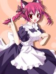  1girl alternate_costume animal_ears apron bad_id blush braid breasts cat_ears enmaided fang hair_ribbon highres kaenbyou_rin kuromari_(runia) large_breasts maid open_mouth pointing pointing_up red_eyes red_hair redhead ribbon solo touhou twin_braids 