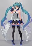  7th_dragon 7th_dragon_2020 absurdres alternate_costume ankle_lace-up aqua_eyes aqua_hair bare_shoulders blue_eyes choker colored_eyelashes cross-laced_footwear fkey garters hatsune_miku hatsune_miku_(7th_dragon_2020) headphones high_heels highres long_hair nail_polish petticoat pigeon-toed pigeon_toed skirt smile solo thigh-highs thighhighs twintails very_long_hair vocaloid waving wrist_cuffs zettai_ryouiki 