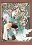  atelier_(series) atelier_marie_alchemist_of_salburg blonde_hair blue_eyes boots choker flower gust hairband jewelry lily_(flower) long_hair low-tied_long_hair marie_(atelier) marlone midriff navel official_art ouse_kohime ring scan shorts sitting smile solo title_drop wand 