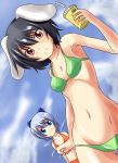  bare_shoulders bikini black_hair blush cirno drink frown highres inaba_tewi mound_of_venus multiple_girls navel nishi_koutarou red_eyes short_hair smile swimsuit touhou 