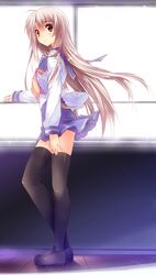  blush brown_eyes futami_shion highres kuwashima_rein long_hair memories_off school_uniform silver_hair skirt solo standing thigh-highs thighhighs zettai_ryouiki 