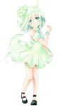  animal_ears bare_legs bare_shoulders bell bracelet dress flower green_eyes green_hair hair_flower hair_ornament highres jewelry mary_janes mosho original shoes solo tail 