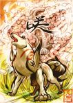  capcom cherry_blossoms grass highres mackerel_(artist) okami ookami_(game) sharp_teeth solo tattoo tree wolf 