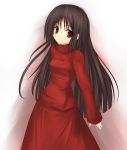  alma_wade black_hair brown_hair dress f.e.a.r. highres long_hair looking_at_viewer niboss red_dress red_eyes sleeves_past_wrists solo 