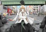  black_hair boots jacket kou_(leisurely) legwear_under_shorts long_hair makise_kurisu okabe_rintarou orange_hair pantyhose phone short_hair shorts sky steins;gate tree 