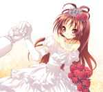  bad_id bouquet bow dress elbow_gloves flower gloves hair_bow hair_ornament hand_holding hina2002to holding_hands jewelry long_hair mahou_shoujo_madoka_magica necklace red_eyes red_hair redhead rose sakura_kyouko strapless_dress tiara white_gloves 