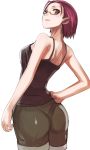  bare_shoulders brown_eyes from_behind glass glasses hand_on_hip hips kamisama_dolls karahari_kuuko looking_back pink_hair short short_hair shorts simple_background solo tank_top tea_(artist) 