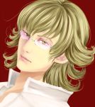  40mame barnaby_brooks_jr blonde_hair dutch_angle glasses green_eyes jacket lips male portraid portrait realistic simple_background solo tiger_&amp;_bunny 