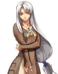  coat crescent_moon dress grey_eyes idea_factory jewelry little_snow long_hair low-tied_long_hair moon necklace official_art see-through simple_background solo spectral_(series) spectral_force white_background white_hair 