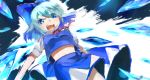  angry blue_eyes blue_hair blush bow cirno danmaku hair_bow ice midriff navel open_mouth short_hair skirt solo touhou ume_(plumblossom) wings 