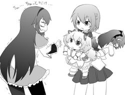  chibi child fang hair_ornament hair_ribbon hairband hairclip kaname_madoka kemonomimi_mode long_hair magical_girl mahou_shoujo_madoka_magica miki_sayaka monochrome pantyhose ponytail ribbon sakura_kyouko school_uniform short_hair tamutamu-t translated trembling young 