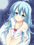  bad_id blue_eyes blue_hair collarbone denpa_onna_to_seishun_otoko from_above long_hair looking_up no_pants off_shoulder open_mouth panties ribbon school_uniform solo striped striped_panties touwa_erio underwear very_long_hair yatsu_(sasuraino) 