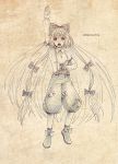  aneogyps arm_up bow fujiwara_no_mokou long_hair monochrome open_mouth pants solo suspenders touhou very_long_hair 