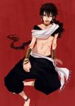  barefoot black_hair bleeding blood bracelet braid collar collarbone crop_top cuts earrings fangs highres injury jewelry judal long_hair magi_the_labyrinth_of_magic male midriff nail_polish navel neck_ring open_mouth ponytail red_eyes solo sono very_long_hair wristband 