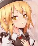  ayagi_daifuku blonde_hair brooch bust hand_on_chest hand_on_own_chest hat jewelry lowres lunasa_prismriver short_hair solo touhou yellow_eyes 