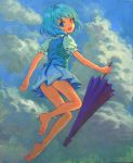  acrylic_paint_(medium) ama-tou bare_legs barefoot blue_eyes blue_hair closed_umbrella cloud feet flying from_behind heterochromia highres looking_back open_mouth red_eyes short_hair smile soles solo tatara_kogasa toes touhou traditional_media umbrella 