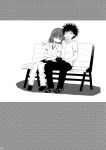  1girl bench cat couple footwear hair_ornament head_on_shoulder highres kamijou_touma loafers misaka_mikoto monochrome saliva shoes short_hair sleeping socks spiked_hair spiky_hair takumi_namuchi to_aru_majutsu_no_index 