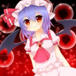  arms_behind_back ascot bat_wings blue_hair brooch bust hat jewelry red_eyes remilia_scarlet short_hair smile solo touhou wings yuria_(kittyluv) 