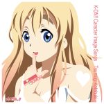  bare_shoulders blonde_hair blue_eyes breasts cleavage dress finger_to_mouth heart highres k-on! kotobuki_tsumugi kouchou long_hair open_mouth simple_background smile solo strap_slip 