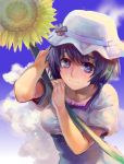  blue_eyes cloud collarbone dress flower hat highres motiko shiina_mayuri short_hair sky smile solo steins;gate sunflower 