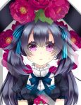  black_hair bust casket child dress flower frills hair_ribbon kokuchuutei long_hair looking_at_viewer original purple_eyes ribbon solo tears twintails violet_eyes 