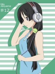  adjusting_hair akg akiyama_mio bare_shoulders black_hair blue_eyes casual character_name headphones ikari_manatsu k-on! k701 long_hair ponytail profile shadow solo 