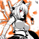  animal_ears bandage bandages blush breasts bust erect_nipples hat highres impossible_clothes impossible_clothing impossible_shirt inubashiri_momiji large_breasts lkakeu midriff monochrome red_eyes shield shirt short_hair solo spot_color sword tokin_hat touhou umyonge_(lkakeu) weapon wolf_ears 