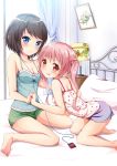  :p absurdres bare_legs bare_shoulders barefoot black_hair blue_eyes blush breasts camisole cleavage digital_media_player earbuds earphones hands_clasped highres holding_hands ipod_nano kneeling leaning_forward long_hair looking_at_viewer multiple_girls ok-ray on_bed original pink_eyes pink_hair polka_dot short_hair shorts sitting smile tongue twintails wariza yuri 