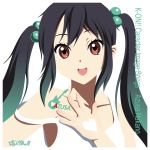  bare_shoulders black_hair brown_eyes dress eyelashes hair_bobbles hair_ornament heart highres k-on! kouchou kouchou_(artist) long_hair nakano_azusa open_mouth simple_background smile solo strap_slip twintails 