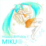  :d ahoge aqua_hair bad_id boots closed_eyes eyes_closed flower hair_ribbon happy_birthday hatsune_miku long_hair lying mitsuyahachiko navel open_mouth ribbon skirt smile solo thigh-highs thigh_boots thighhighs twintails very_long_hair vocaloid 