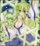  blush breasts cleavage detached_sleeves frog gohei green_eyes green_hair hair_ornament hair_tubes hexagram kochiya_sanae long_hair skirt smile snake solo star takadono318 touhou traditional_media 