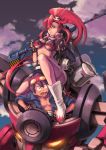  between_breasts bikini_top blush boota boots breasts chopsticks cloud fingerless_gloves gloves gun hair_ornament high_ponytail highres jianran_pan lagann large_breasts legs long_hair long_legs mecha ponytail red_hair redhead rifle scarf simon skull sky sniper_rifle striped striped_scarf tengen_toppa_gurren_lagann thighs twilight weapon white_legwear yellow_eyes yoko_littner 