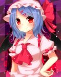  ascot bat_wings blue_hair bust checkered checkered_background hair_ornament hairpin hand_on_hip hat red_eyes remilia_scarlet short_hair smile solo touhou wings yuria_(kittyluv) 