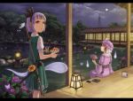  bad_id fan flower folding_fan food forest fruit full_moon goshoguruma hakugyo hakugyokurou hat hexagon highres hitodama hydrangea katana katori_buta konpaku_youmu konpaku_youmu_(ghost) kurione_(zassou) letterboxed moon multiple_girls nature night pond red_eyes saigyouji_yuyuko saigyouji_yuyuko's_fan_design short_hair silver_hair sitting stone_lantern sword touhou veranda watermelon weapon wind_chime 