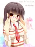  adjusting_glasses argyle black_hair blush breasts fang glasses highres jewelry long_hair necklace necktie open_mouth orange_eyes original red-framed_glasses smile solo striped striped_sweater sweater syroh 
