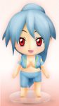  :d azumad barefoot blue_hair blush breast_clinging chibi fallout fallout_3 fawkes genderswap long_hair nendoroid no_bra open_mouth pointy_ears ponytail red_eyes smile torn_clothes torn_pants torn_shirt 
