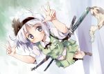  double_v dress_shirt from_above green_panties hairband katana konpaku_youmu nanaroku_(fortress76) panties scabbard sheath sheathed shirt short_hair silver_hair skirt solo striped striped_panties sword touhou underwear v vest weapon 