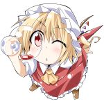  :&lt; ;&lt; ascot bibi blonde_hair blush chibi cup face flandre_scarlet foreshortening hat red_eyes simple_background solo the_embodiment_of_scarlet_devil touhou wine_glass wings wink 