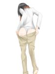  1girl ass black_hair dressing from_behind highres kokoichi mikasa_ackerman panties pants scarf shingeki_no_kyojin short_hair underwear white_panties 