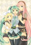  aqua_eyes aqua_hair blonde_hair detached_sleeves hair_ornament hair_ribbon hairclip hatsune_miku headphones headset kagamine_rin long_hair megurine_luka moonku multiple_girls open_mouth pink_hair ribbon skirt smile thigh-highs thighhighs twintails very_long_hair vocaloid zettai_ryouiki 