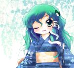  fang green_eyes green_hair hair_tubes highres japanese_clothes kimono kochiya_sanae obi snake solo touhou wink yukata yume_shokunin 