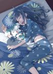  =_= bed blanket blue_hair closed_eyes coffret_(heartcatch_precure!) disheveled drooling eyes_closed floral_print futon heartcatch_precure! kurumi_erika long_hair lying messy_hair midriff mofu navel nose_bubble on_side open_mouth pajamas pillow polka_dot precure shadow sleeping smile solo 