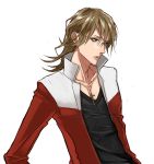  barnaby_brooks_jr blonde_hair blue_eyes cross cross_necklace glasses highres jacket jewelry koutarou_(artist) long_hair male necklace red_jacket simple_background solo tiger_&amp;_bunny white_background 